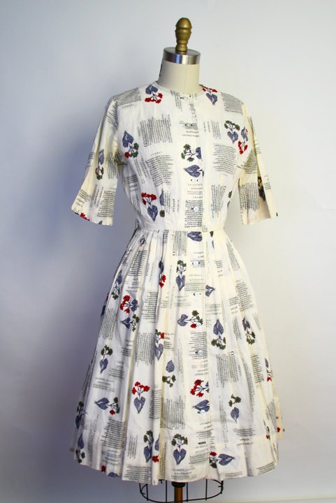 Vintage 50s Novelty Dress - Botanical Illustration Plant Print Full Dress