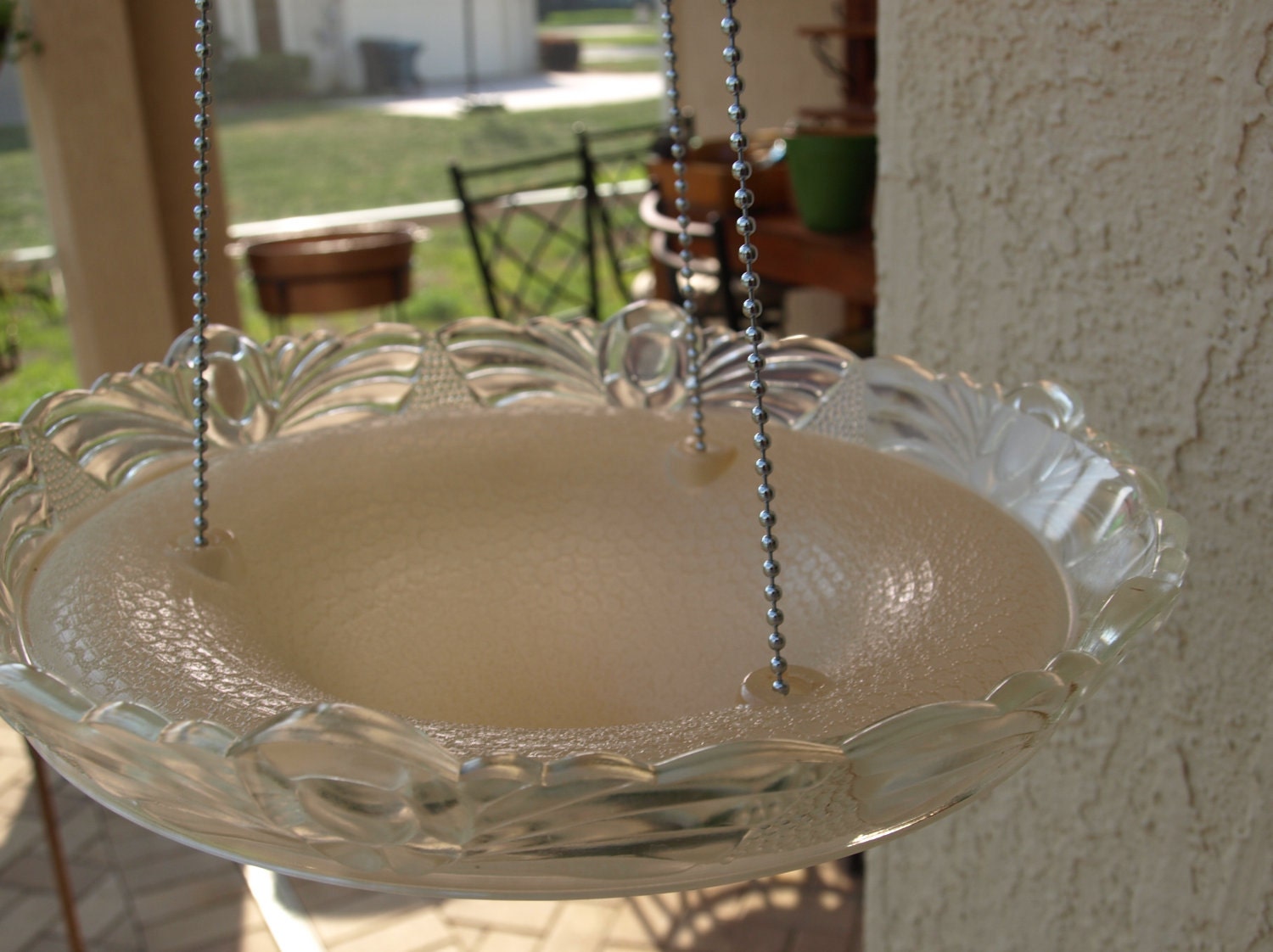 repurpose light fixture hanging planter bird feeder candle holder vintage pink