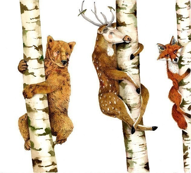 Print Bear, Deer, Fox, Trees illustration Print 8x11
