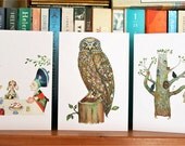 Greeting Cards. Owl, Oak Tree and Mad Hatter Tea Party. Pack of three blank cards 4x6