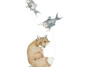 Fox Print Fox with Fish Balloons 8x11 illustration print