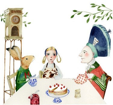 Mad Hatter Print, Alice and Hare have Tea with Mad Hatter Illustration 8x11