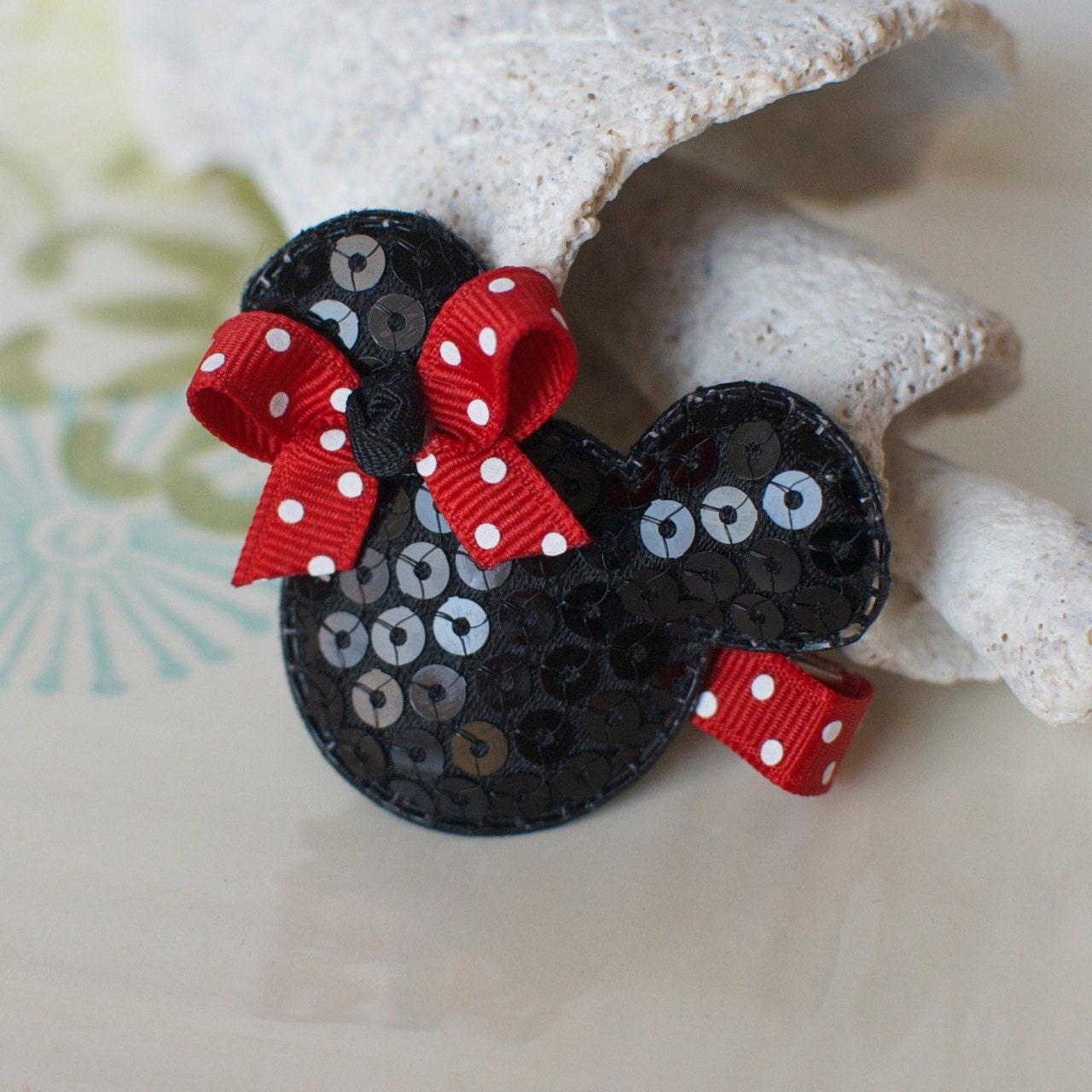 Black and Red Sequin Mouse Ears Clip- Mickey Minnie Mouse Inspired Hair Bow- Perfect for Disney Trips