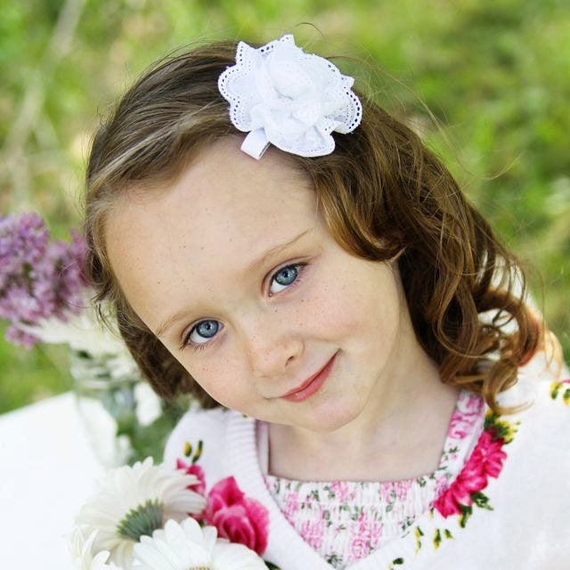 White Eyelet Lace Flower Hair Clip- Ruffles and Frills- Cute with Blue Jeans