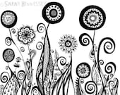 Black Whiteand Gray Abstract Flower Garden 8x10 Print of Original Ink Pen Line Drawing, Rounded Flowers and Swirls
