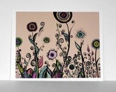 Art for Spring - Abstract Ink Flowering Landscape in Rainbow Hues with Coral Orange Background and Black Lines 8x10 Print
