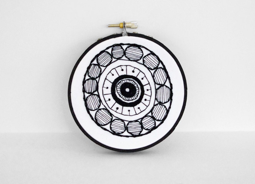 Abstract Black and White Geometric Embroidered Design, 4 inch B&W Embroidery Hoop Art
