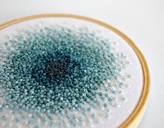 RESERVED for EVIE - French Knots Embroidered Color Progression Hoop in Teal - 4 inch Hoop Fiber Wall Art