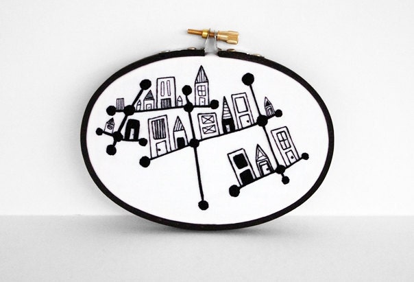 Embroidered Constellation City in Black and White 5x4 inch Oval Embroidery Hoop Fiber Art by SometimesISwirl