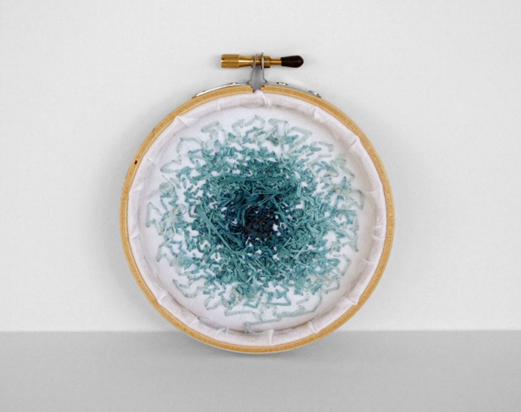 RESERVED for EVIE - French Knots Embroidered Color Progression Hoop in Teal - 4 inch Hoop Fiber Wall Art