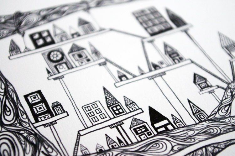 Black White Art Print: "Treehouse City" - Ink Pen Drawing of a Swirly Tree With a Small City 8x10 Whimsical Print