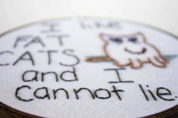 Humorous  Embroidered Quote: "I like FAT CATS and I cannot lie" - 6 inch Embroidery Hoop Fiber Art