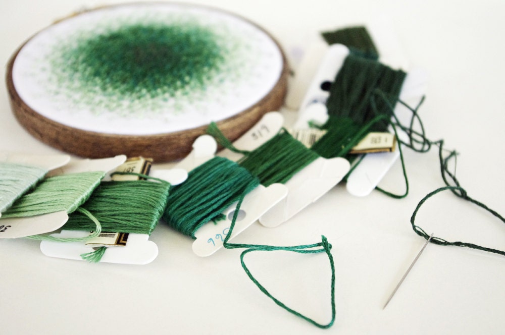 Ombre French Knots Color Progression Embroidery Hoop, A Color Study in Green - 4 inch Hoop Fiber Wall Art