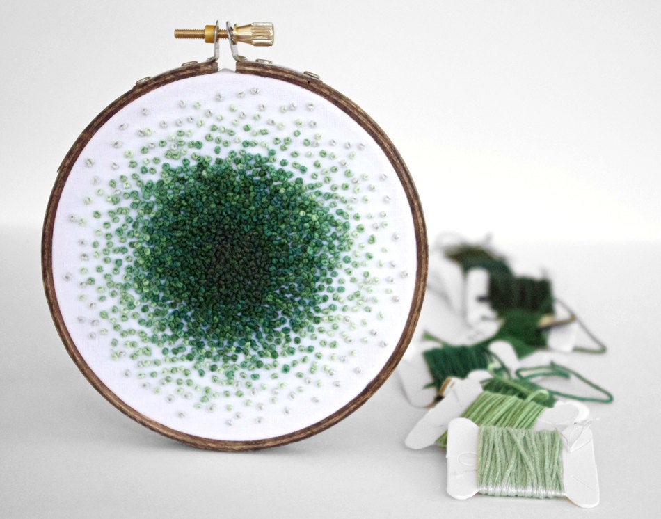 Ombre French Knots Color Progression Embroidery Hoop, A Color Study in Green - 4 inch Hoop Fiber Wall Art