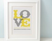 Yellow LOVE Personalized wedding gift, Anniversary Present or Wedding Shower Gift, with your names and wedding date - choose custom colors
