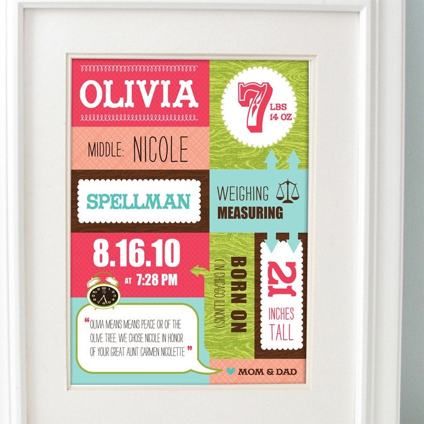 Personalized Baby Girl Birth Announcement, Custom Nursery Art, Children's Decor Print Pink/Green/Turquoise Blue 8 x10