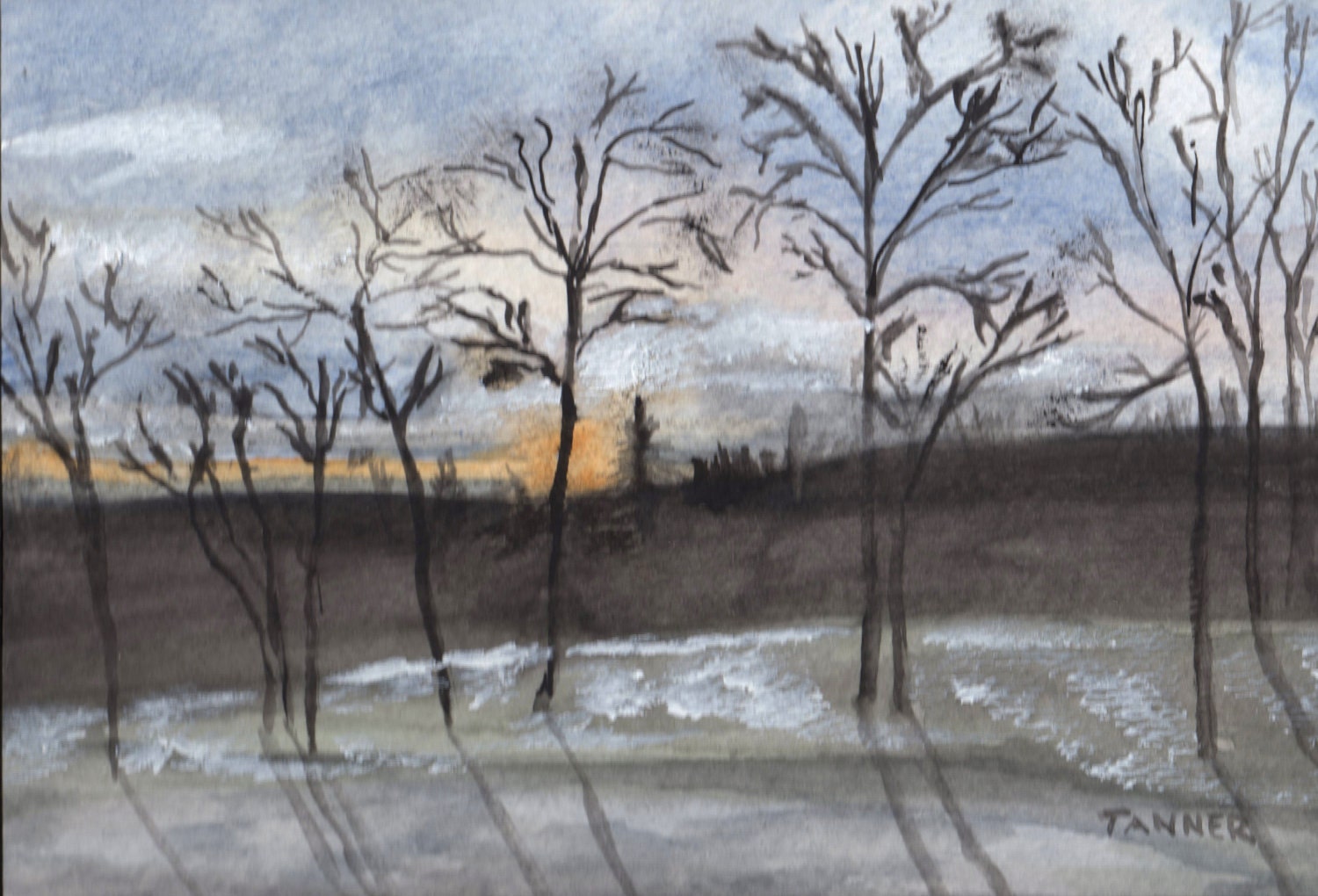 Original Watercolor Painting Winter Landscape Sunset Trees Shadows 5x7  matted to 8x10