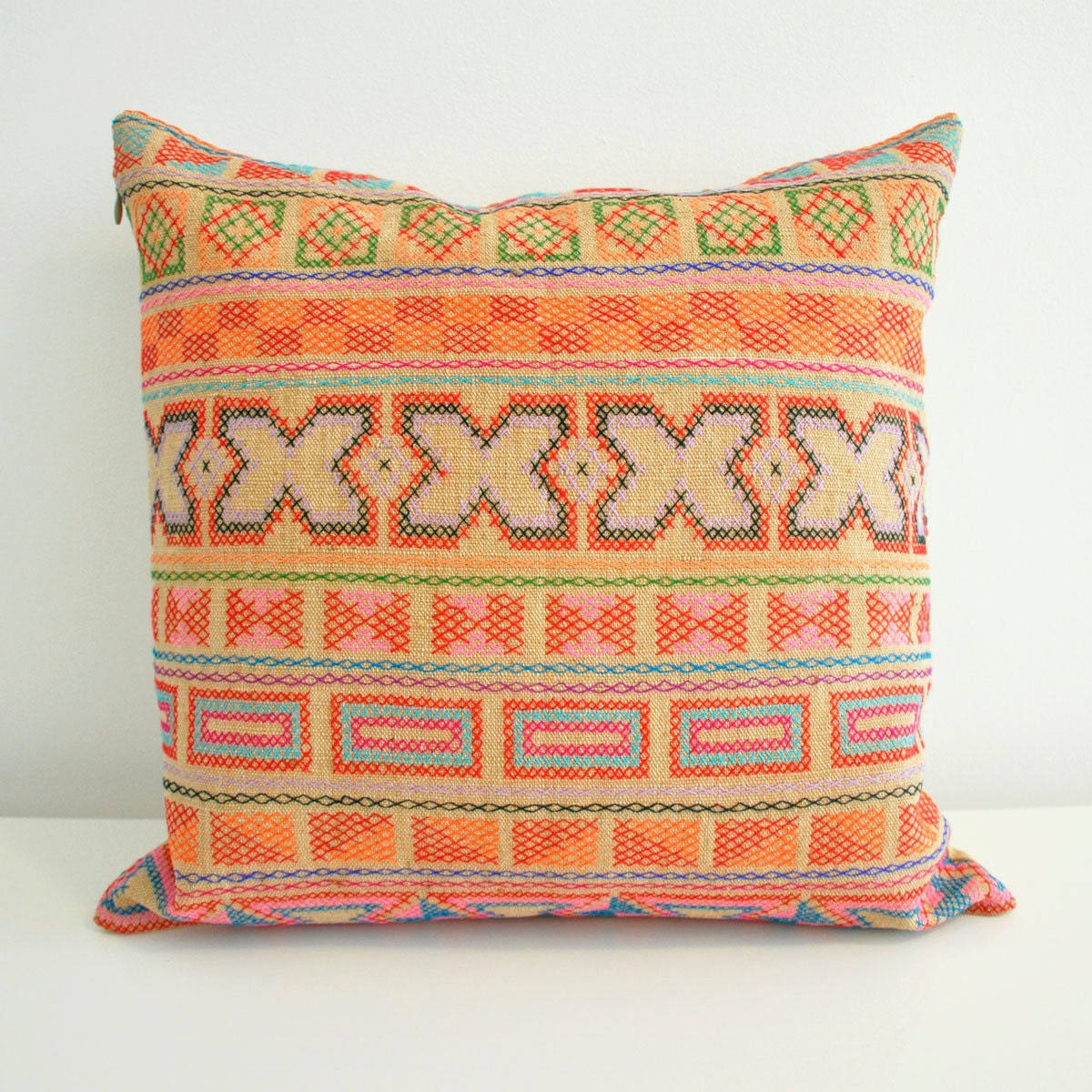 Hand- stitched geometric details tribal cotton pillow cover in beige