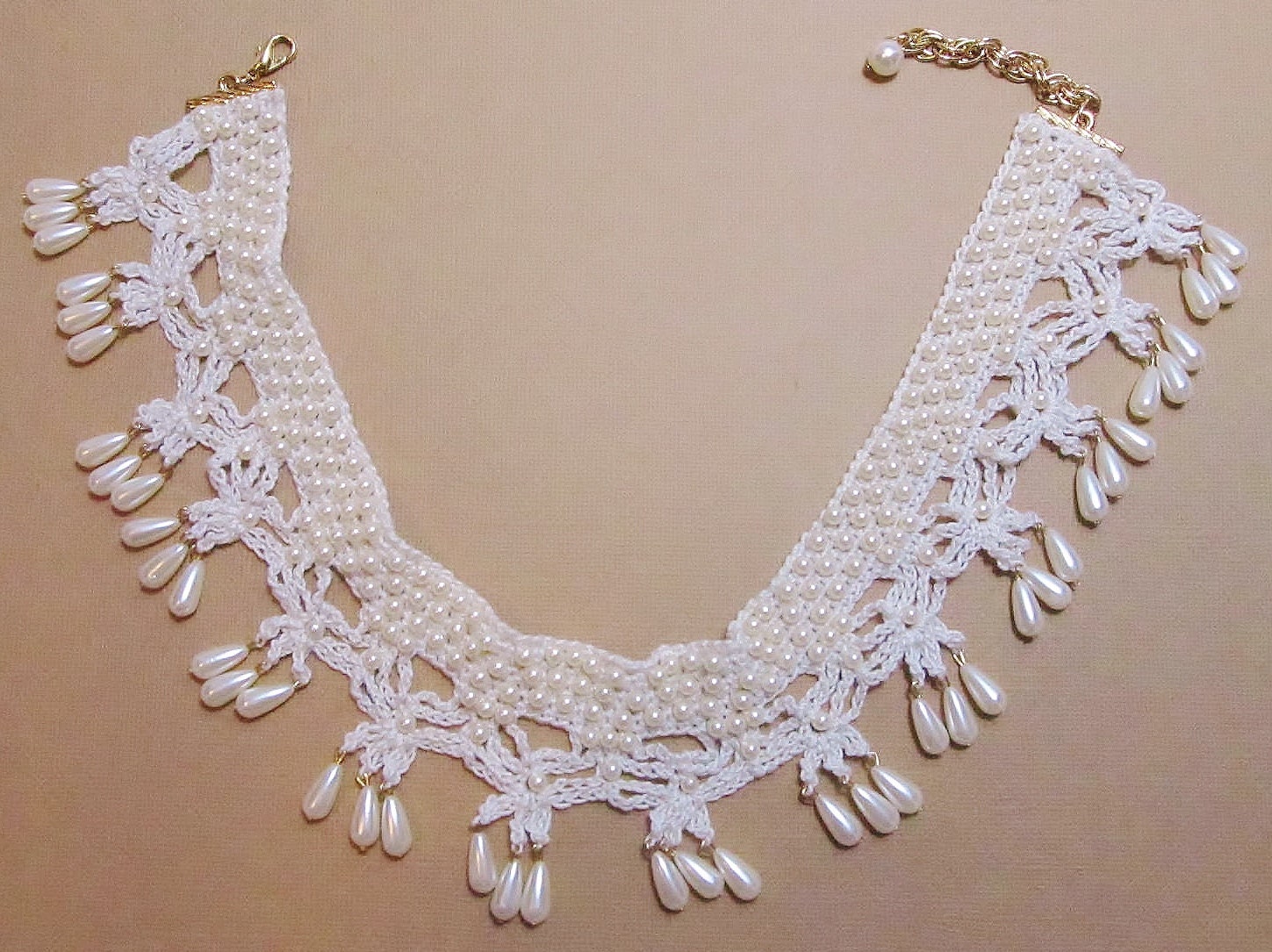 Crochet Necklace, Beaded Necklace, Pearl Necklace, Drop Pearls, Bridal, Choker, Wedding