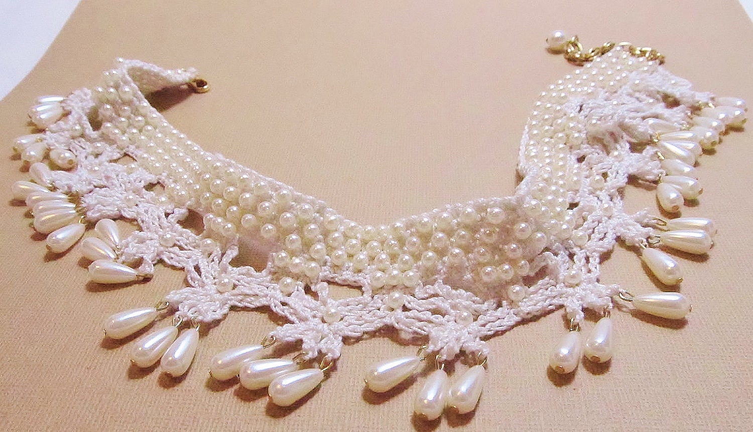 Crochet Necklace, Beaded Necklace, Pearl Necklace, Drop Pearls, Bridal, Choker, Wedding