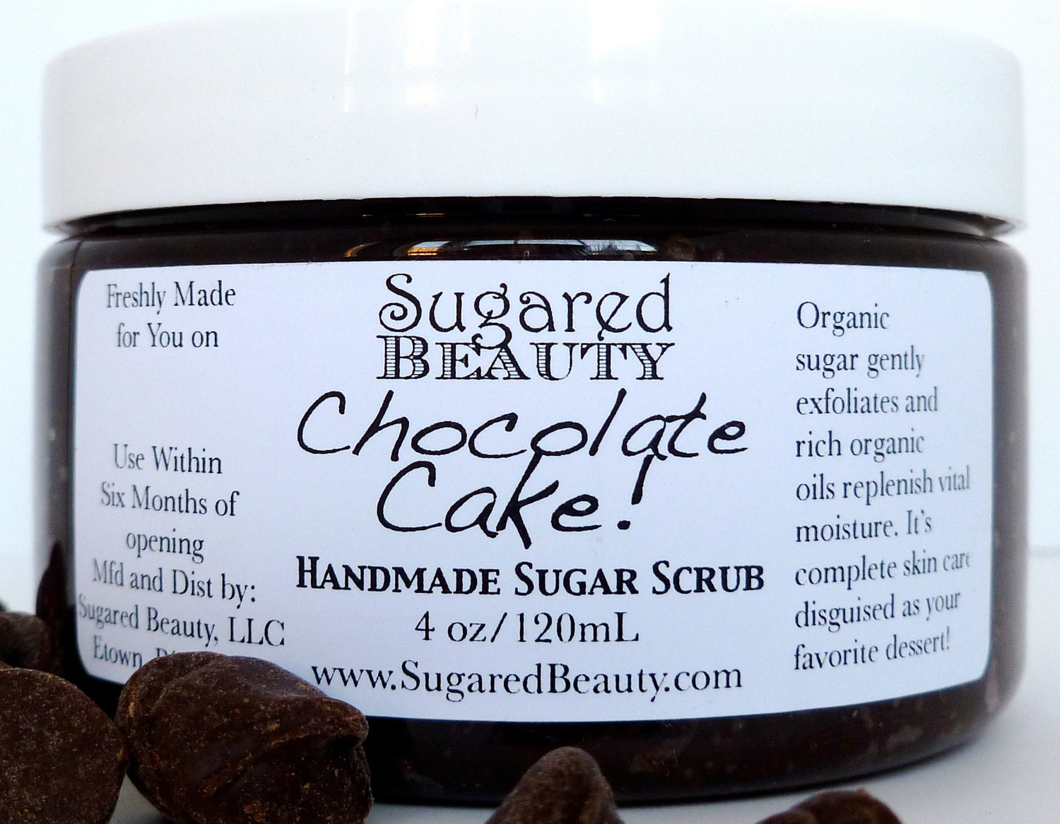 Gourmet Chocolate Sugar Scrub.  Organic Ingredients, Gluten Free, Vegan. Handmade with Coconut Oil, Raw Sugar, and Cocoa