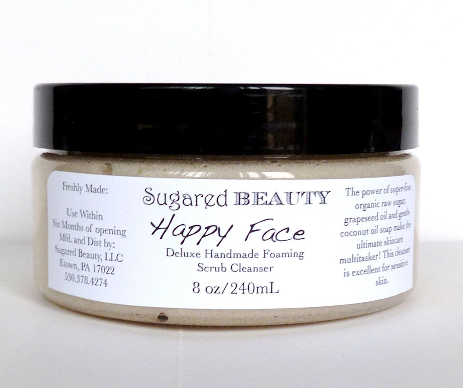 Facial Cleanser and Scrub. Gluten Free. Vegan. Eight Ounces, Handmade with SuperFine Organic Raw Sugar and Gentle Coconut Oil Soap
