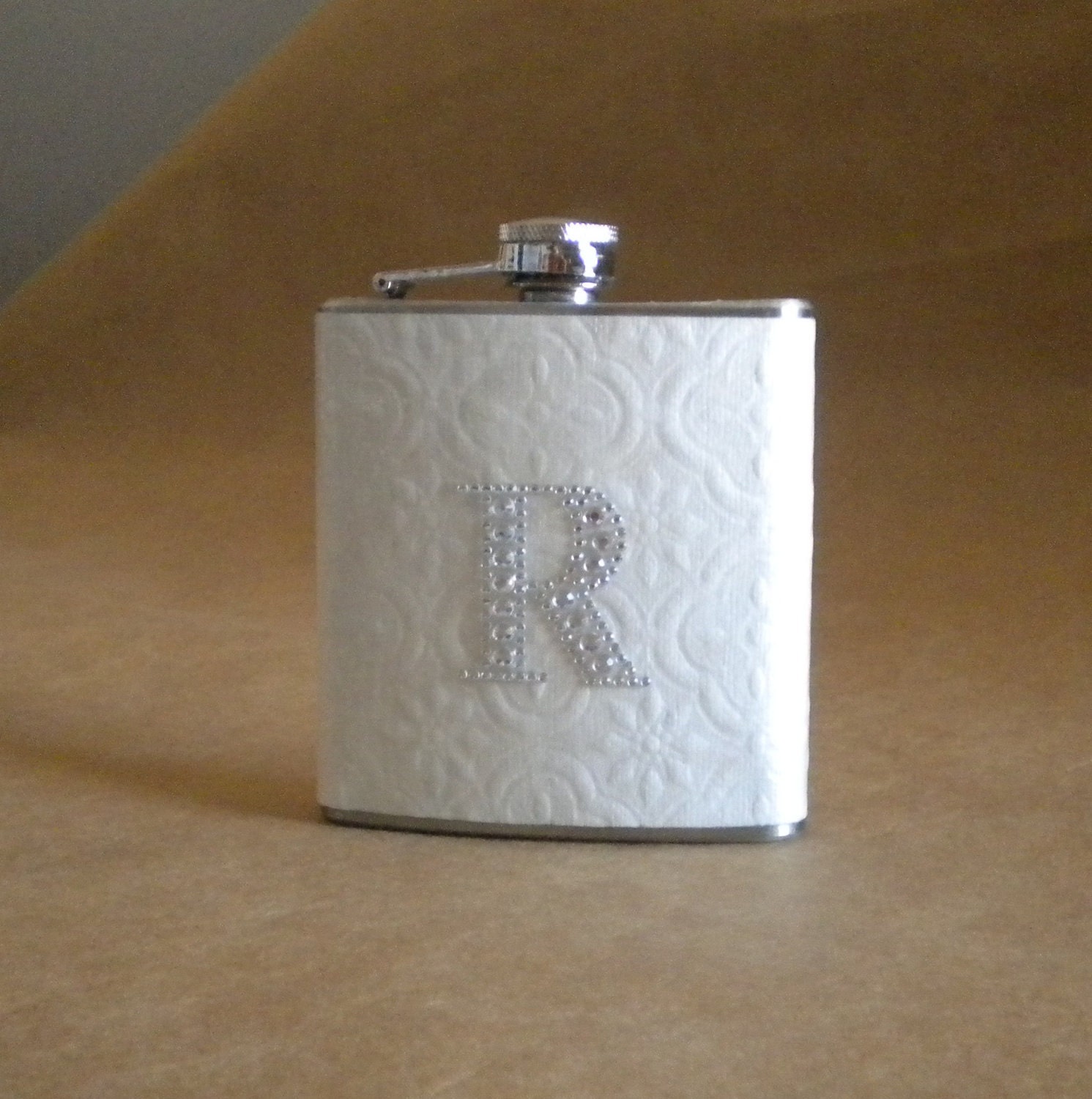 Flask of White Embossed Print with ANY Rhinestone Initial 6 ounce Stainless Steel Girly Gift Flask