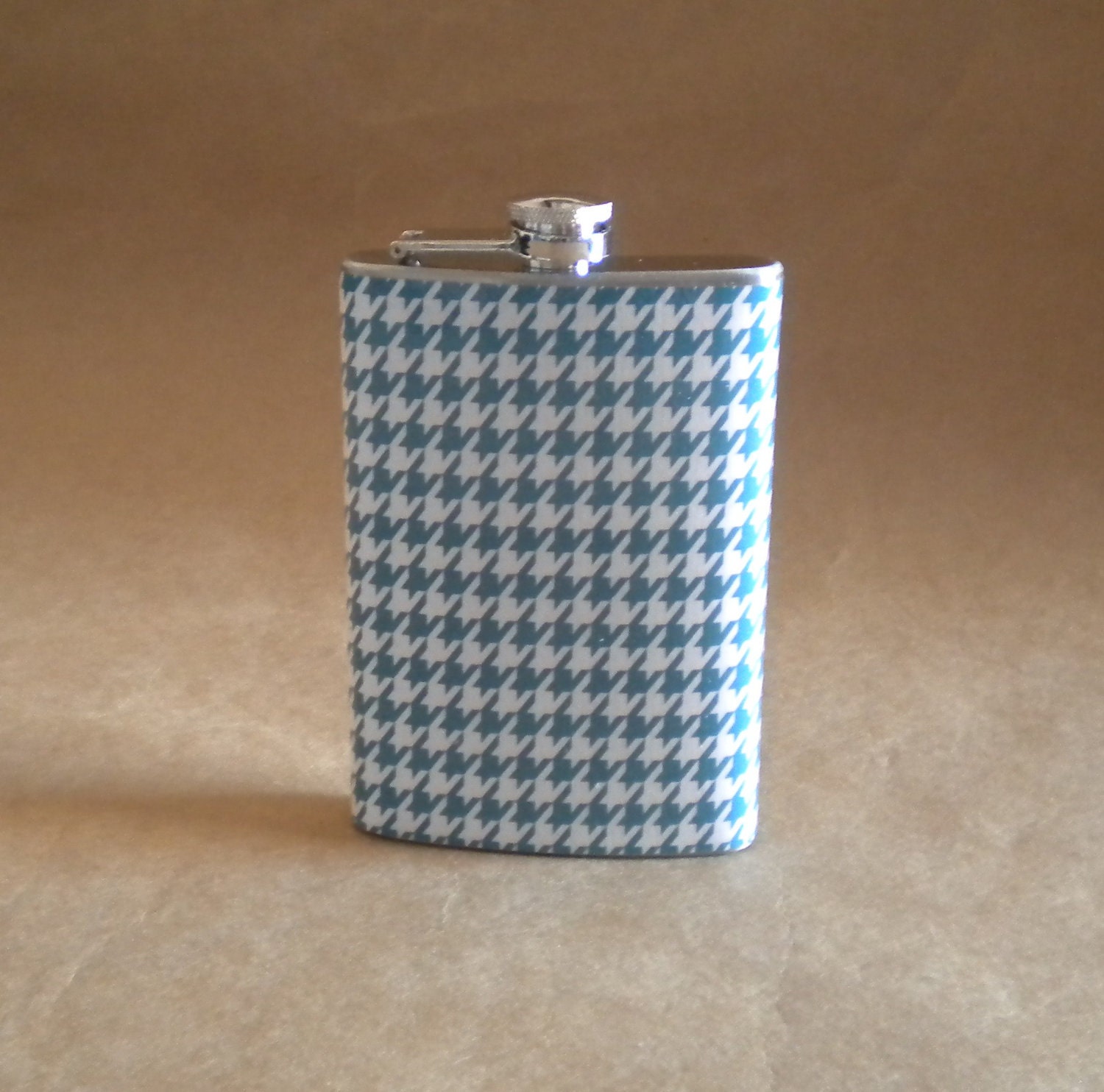 Teal Blue/Green and White Houndstooth Stainless Steel Girl Gift Flask KR2D4483