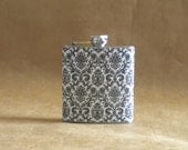 Black and White Fancy Damask Print 6 ounce Stainless Steel Girly Gift Flask KR2D 5705