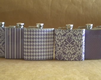 Bridesmaids Gifts Special 6 Purple and White Print Design 6 ounce Stainless Steel Flasks KR2D 5267