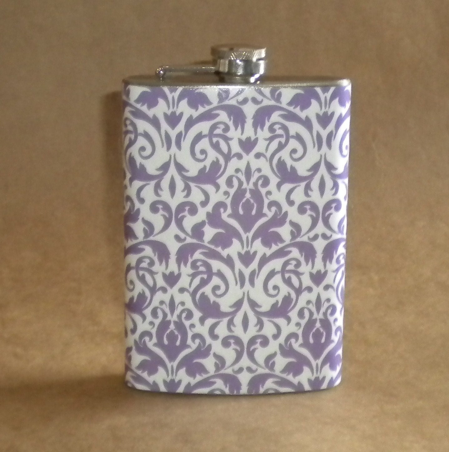Purple and White Damask Pattern Bridal Party Girly Gift Flask