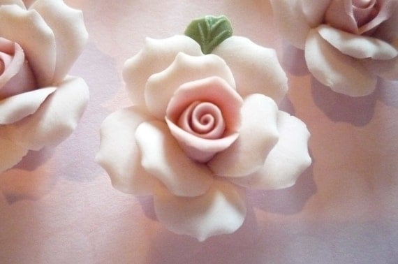 Soft Pastel Pink Ceramic Rose Flower Flat Back 27mm Cabochons with Green Leaf - Qty 3