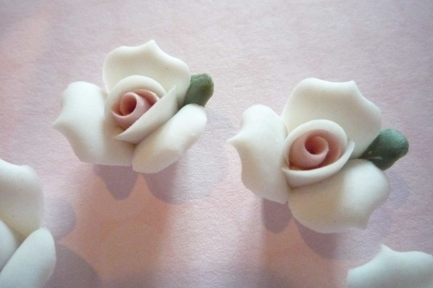 White Ceramic Rose Flower Flat Back 17mm Cabochons with Pink Center Qty 6