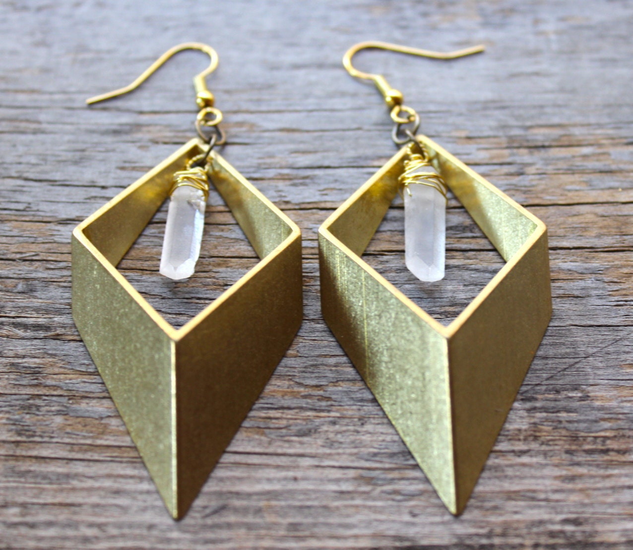 Quartz Point and Brass Diamond Earrings