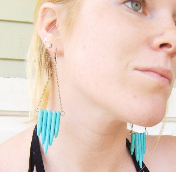 Turquoise Spikes Long Chain Earrings