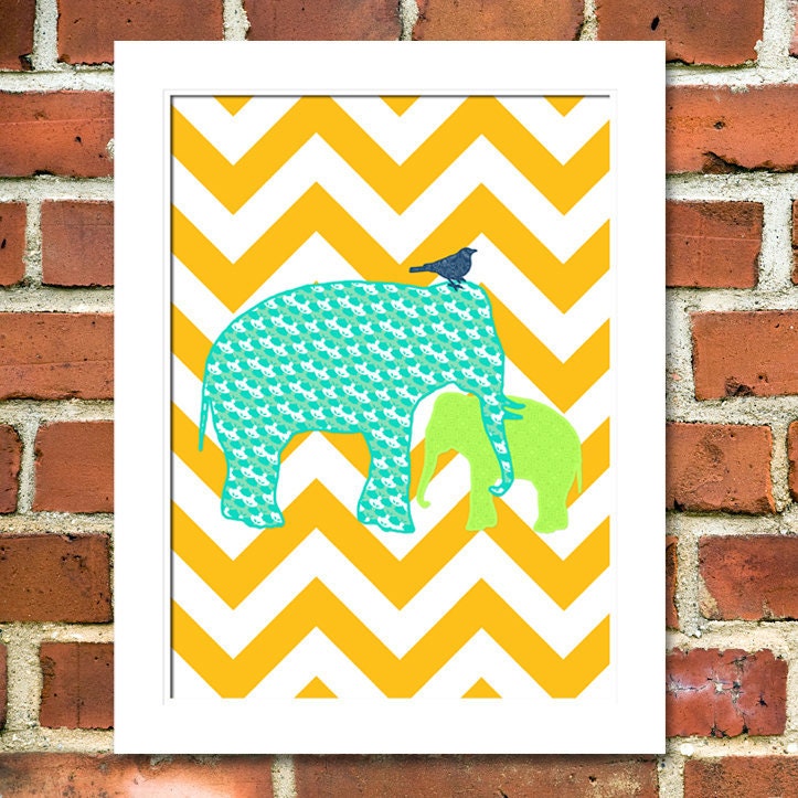 Chevron Elephants Wall Art Poster, Printable and Frameable, Mother and Baby Modern Print, Blue and Green, 11x14, 8x10, and 5x7