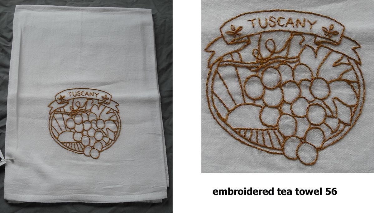 Hand Embroidered Tea Towel Flour Sack Cotton - Wine Country Grapes Vineyard Winery Vino Kitchen Vintage Retro Cloth