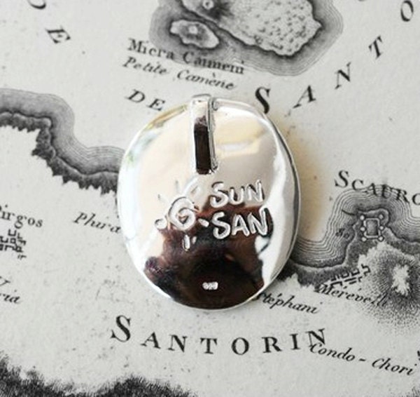 Santorini Map Unisex Necklace, Sterling Silver Pendant, Free Mini print 1800 Map, Mediterranean Greek, Wearable Art, Gift for Her & Him