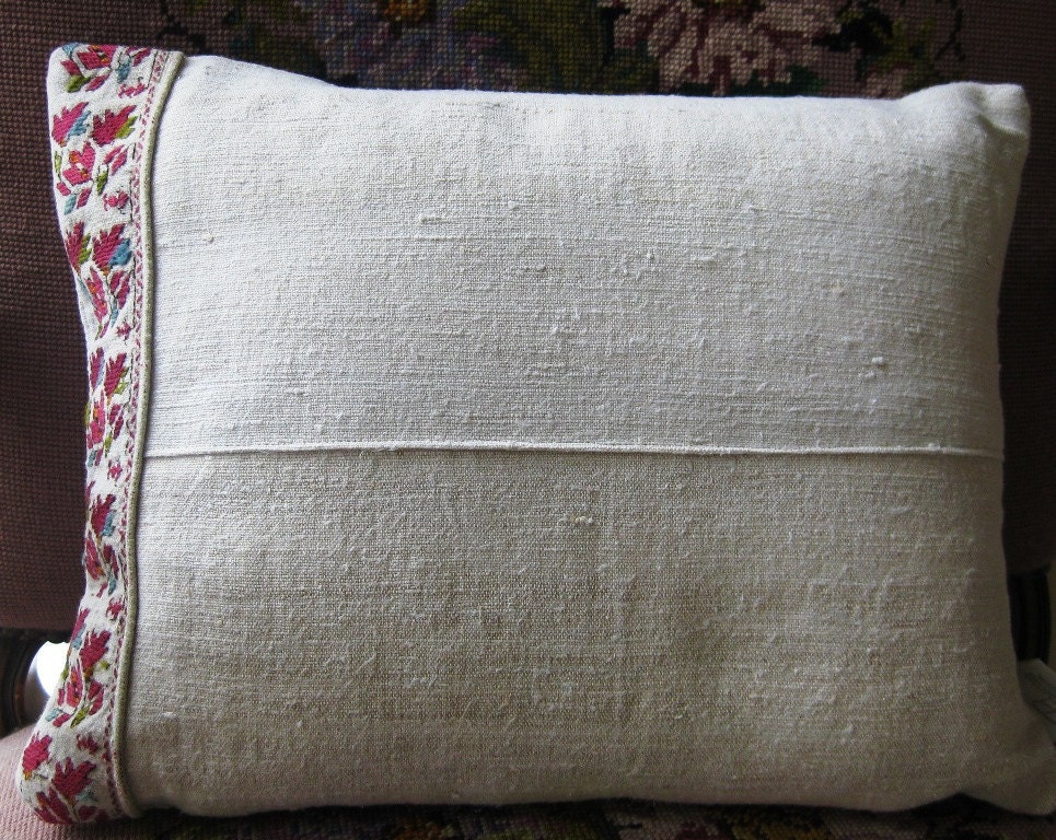 Pillow/Cushion Cover. Sale. Embroidered Antique Linen. 14x18inch/35x45cm Raspberry & Natural.