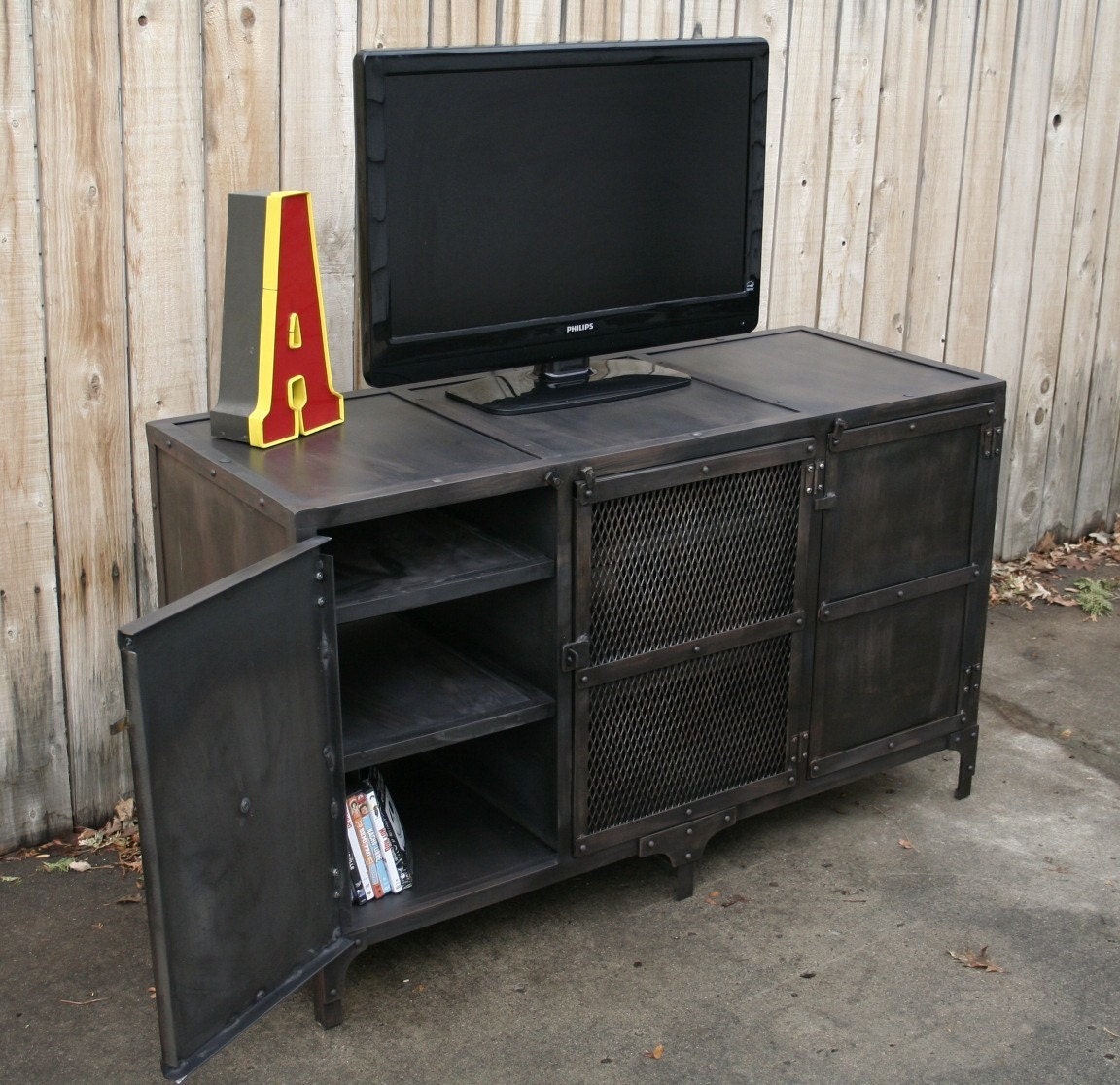 Handmade scrap metal media cabinet