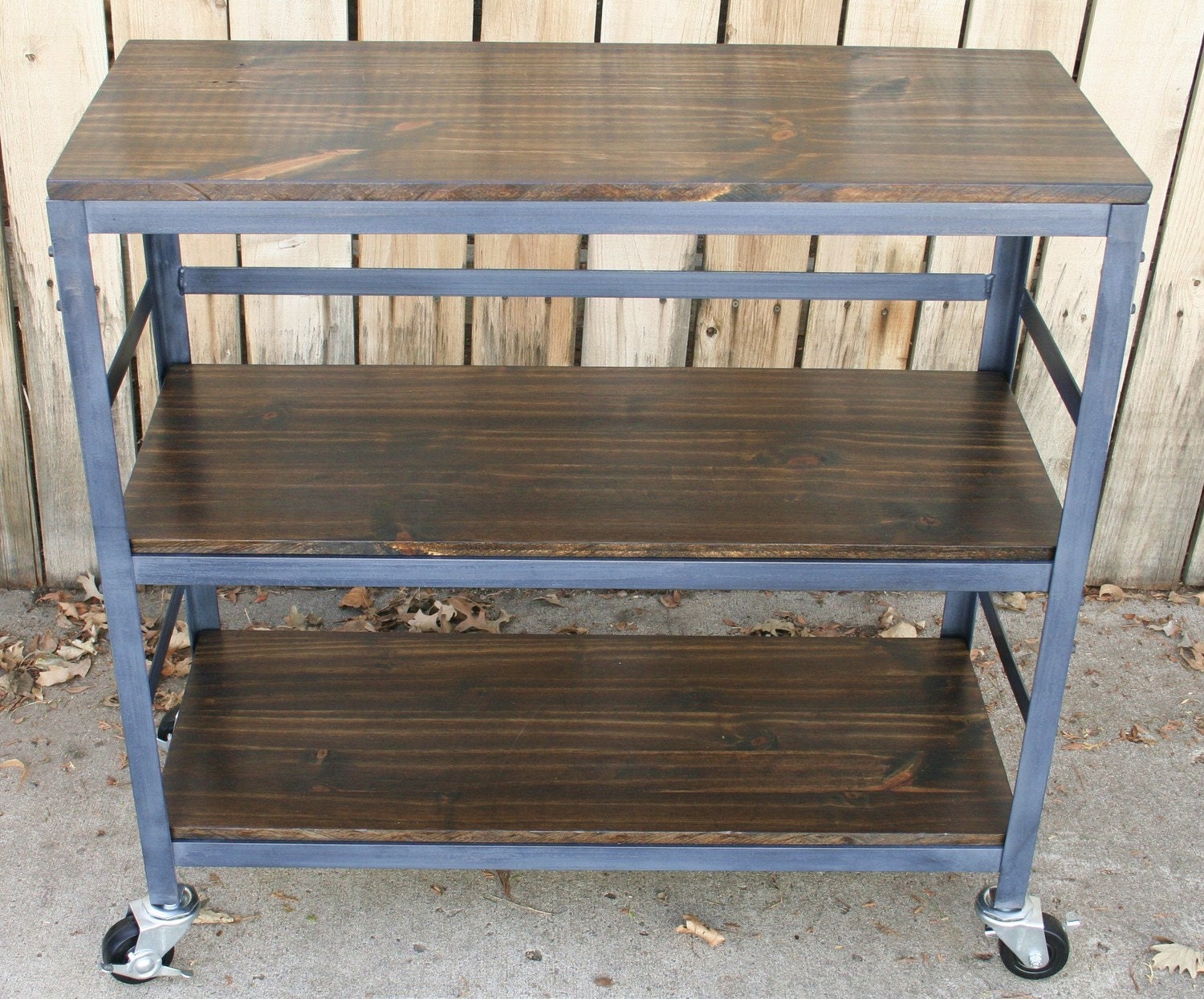 Handmade rolling scrap metal and wood table, kitchen cart, book shelf, wine/liquor cart, storage