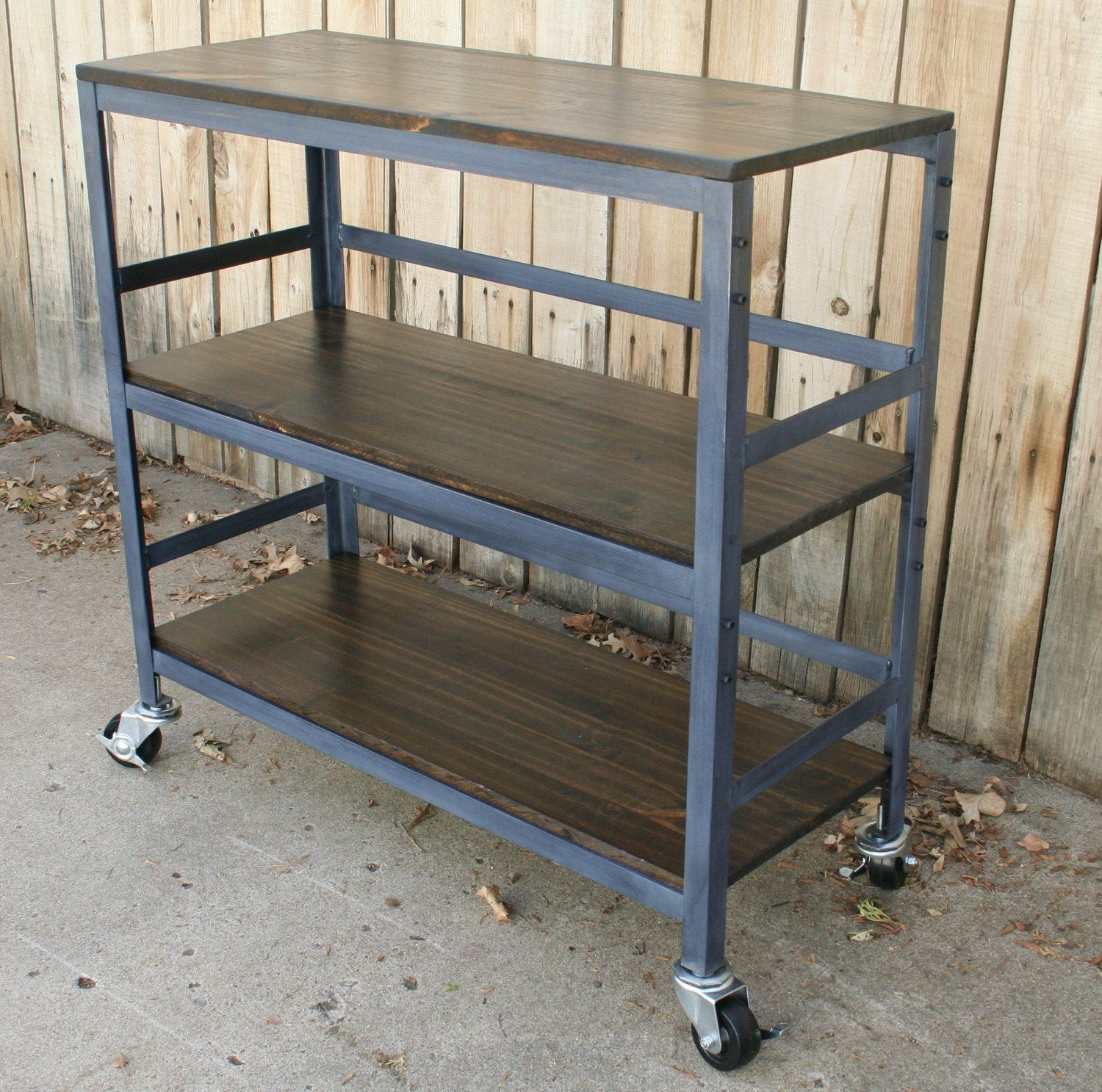 Handmade rolling scrap metal and wood table, kitchen cart, book shelf, wine/liquor cart, storage