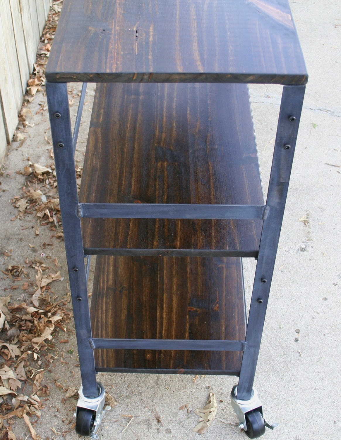 Handmade rolling scrap metal and wood table, kitchen cart, book shelf, wine/liquor cart, storage