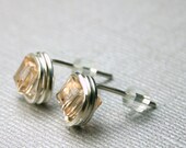 Blush Crystal Cube Wire-Wrapped Studs in Argentium Sterling SIlver - Minimalist, Simple Geometric Earrings - Style Pixie