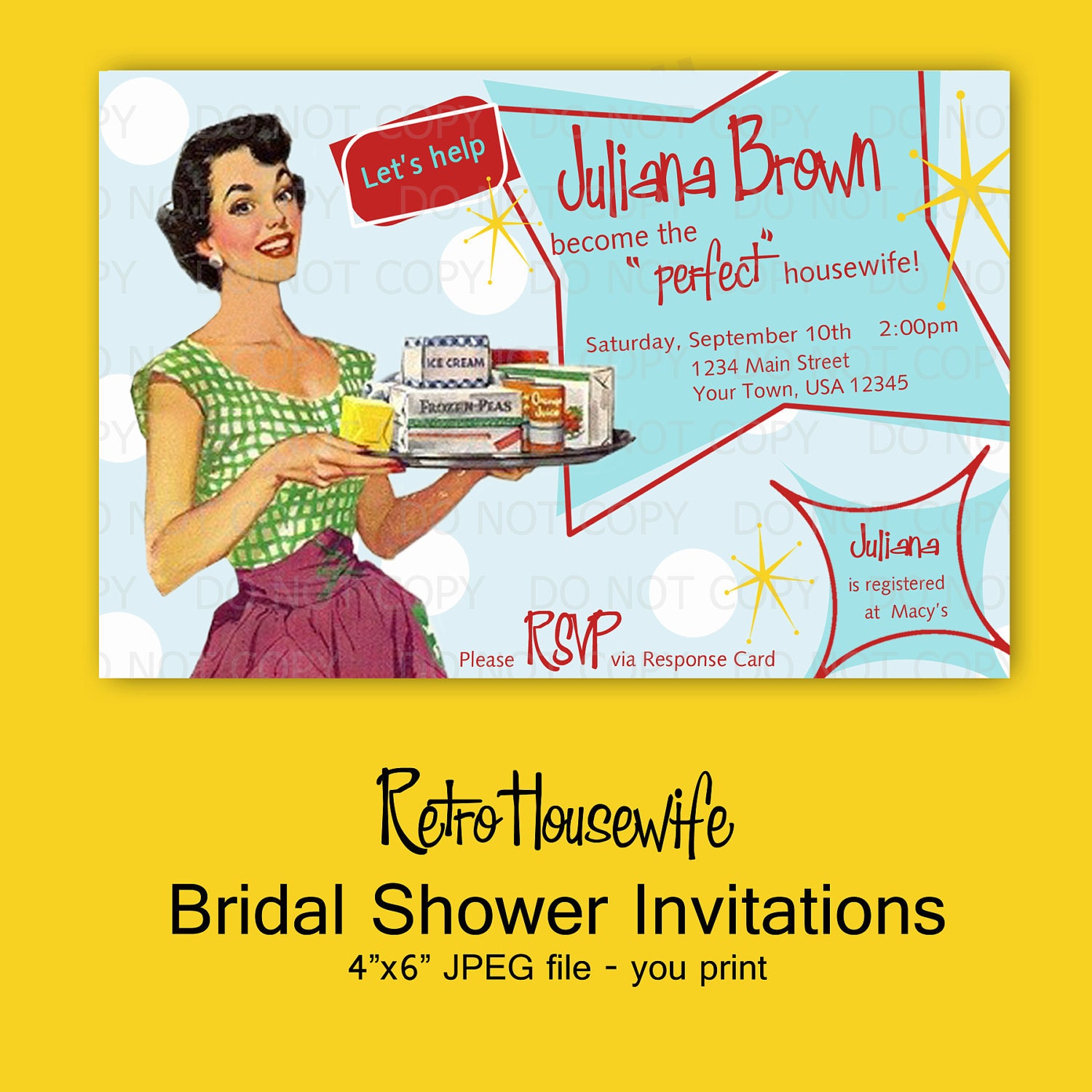 Printable DIY Retro Housewife Theme Bridal Shower Party Invitations, RSVP card and Recipe Bundle