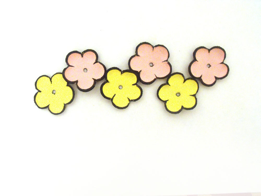 Leather flowers jewelry supplies cabochons. Pink and yellow