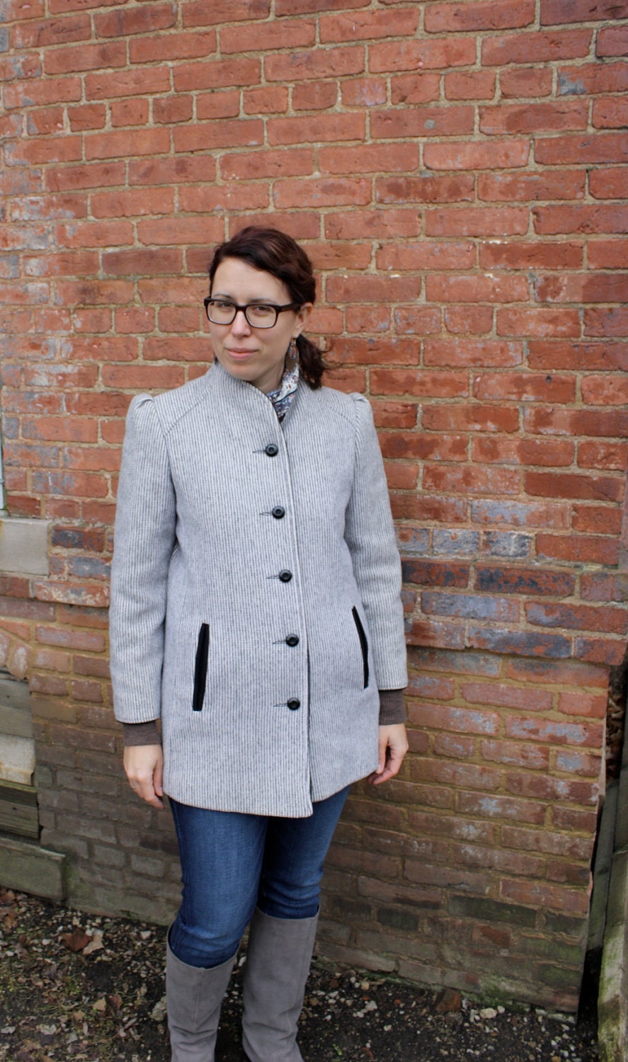 1980's Cream and Black Striped Wool Coat