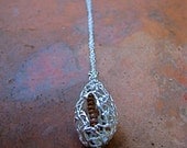 Handmade Fine Silver Metal Clay Filigree Open Teardrop Charm Strung On A Sterling Silver Chain And Accented With Beads