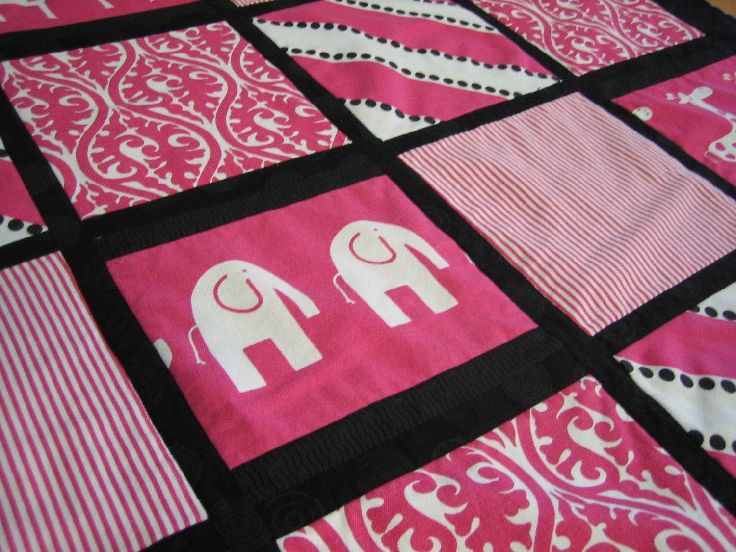 Quilt - Contemporary  - Pink and Black - Elephants, Giraffes, and Stripes - Ready to Ship