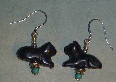 Carved black cat earrings with turquoise beads